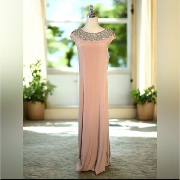 Theia Embellished Blush Gown Cap Sleeve Formal Dress - Picture 4 of 16